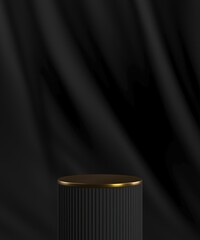 Black cylindrical pallet and top gold on a black velvet curtain backdrop. Abstract background for product presentation. 3D rendering