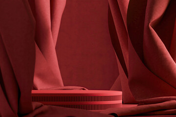 Red cylindrical platform on red velvet curtain background. Abstract background for product presentation. 3D rendering