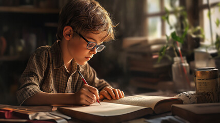 Fototapeta na wymiar young boy with glasses is writing carefully in a book. He's in a room with sunlight, surrounded by plants and old books, looking very focused