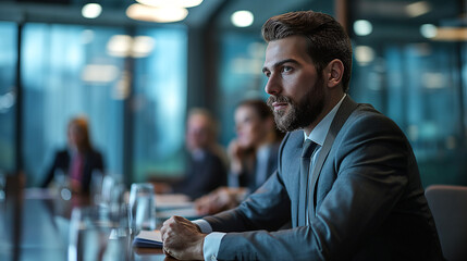 A successful young business professional in a sleek suit, leading a meeting in a contemporary office boardroom