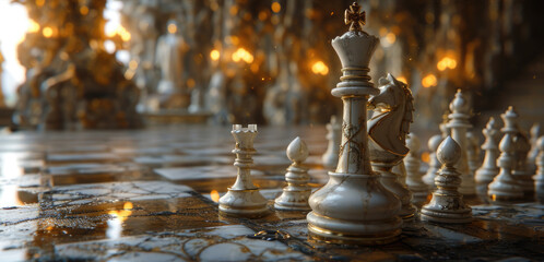 Fancy chess pieces on a marble chessboard. Street chess.