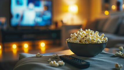 cozy movie night at home with a bowl of popcorn, a remote control on a soft couch, and a blurred television screen in the background