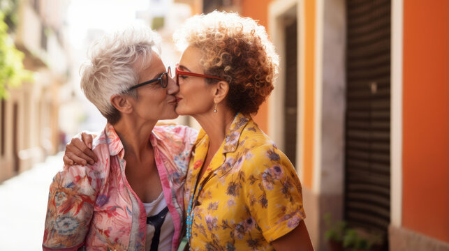 Senior lesbian couple LGBT kising outside on summer day