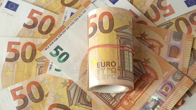 50 euro banknotes background, top view