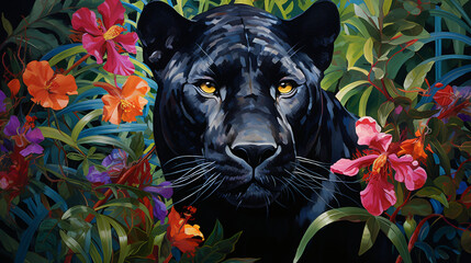 A painting of a black panther with flowers