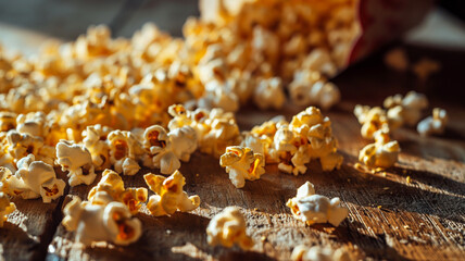Popped popcorn is scattered on a wooden surface, some pieces are golden-brown, with a cozy, warm light shining on them