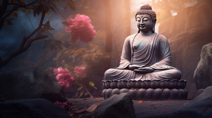 buddha statue on a rock in a blurred green jungle with smooth water surface, fresh natural spa wallpaper concept with asian spirit and copy space