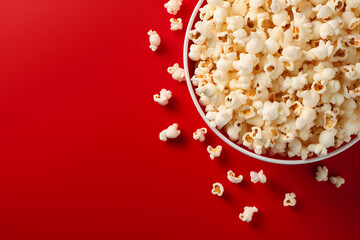 Fototapeta na wymiar Generative AI Image of Crunchy Popcorn Snack with Blank Space on Red Background