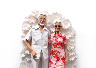 Retired couple in love, senior man and woman posing with Hawaiian flowers. Romantic elder husband and wife welcomes you to Hawaii. Married mature family relationship, 3D illustration by Vita