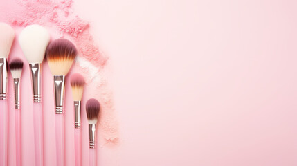 Beauty cosmetic makeup product layout. Fashion woman make up brushes. Stylish design background. Cosmetics make-up brushes collection, top view - obrazy, fototapety, plakaty