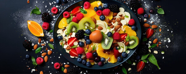 Obraz na płótnie Canvas Top view photo of mix of fresh fruit and nuts on white background, healthy food concept