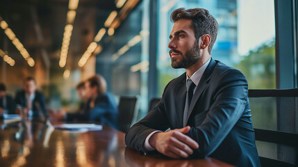 A successful young business professional in a sleek suit, leading a meeting in a contemporary office boardroom