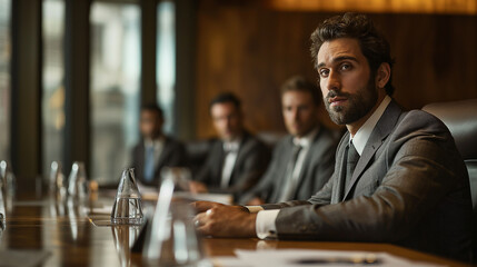 Obraz premium A successful young business professional in a sleek suit, leading a meeting in a contemporary office boardroom