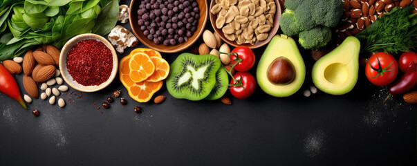 Top view of colorful vegetable and fruit mix with nuts with dark background. Healthy food concept....