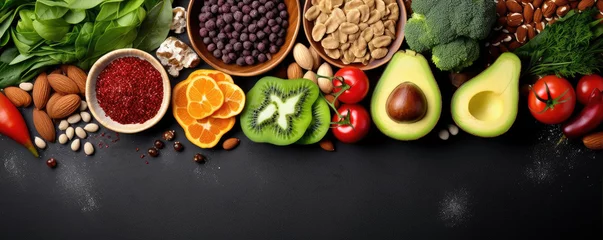 Rolgordijnen Top view of colorful vegetable and fruit mix with nuts with dark background. Healthy food concept. Fresh vegetable, raw food. Copy space for free text © Filip