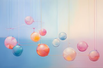 Delicate pastel spheres suspended in mid-air, casting soft reflections on a geometrically inspired canvas.