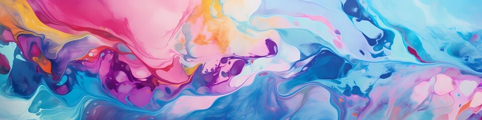 Detailed close-up captures the kaleidoscopic dance of vivid colors on a marble surface, forming an...