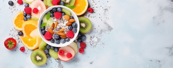 Top view photo of mix of fresh fruit and nuts on white background, healthy food concept