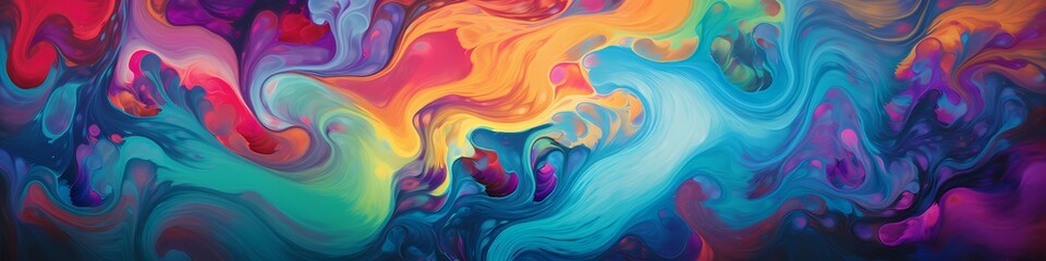 Detailed close-up captures the kaleidoscopic dance of vivid colors on a marble surface, forming an...