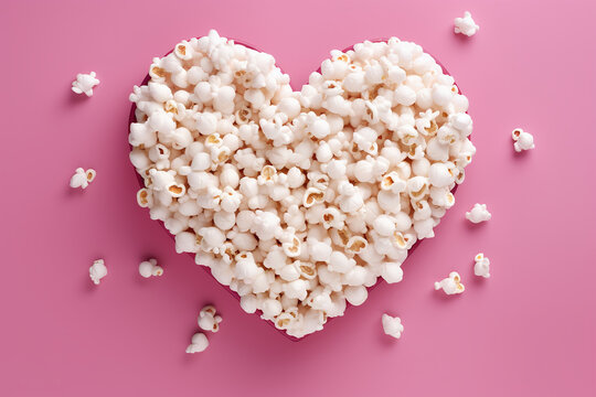Generative AI Image of Popcorn Snack forming Love on Pink Background