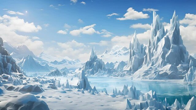 The crystal world is complete with a snowcapped mountain range of glistening diamond peaks and a cerulean sky dotted with fluffy clouds made of quartz.