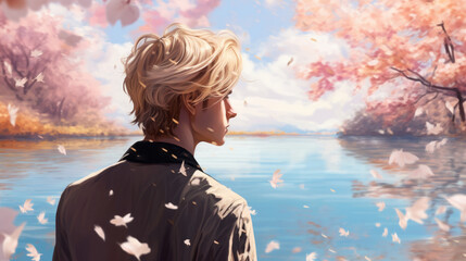 a beautiful painting of a man in anime style, cherry blossom leaves flying, blue sky and water