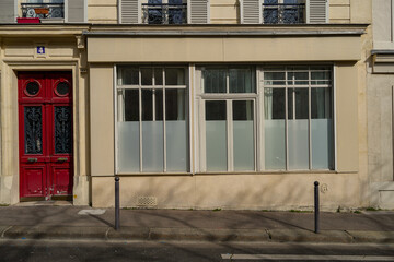 old vintage storefront facade , european hipster boutique entrance , commercial  vitrine template