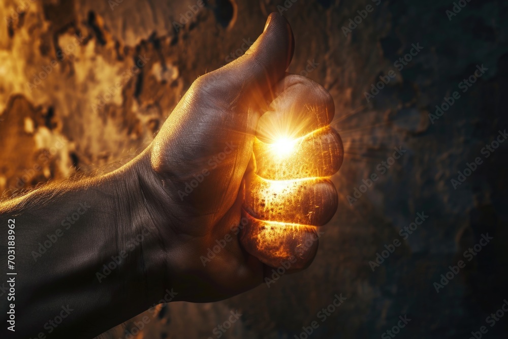 Poster A person holding a light in their hand. Perfect for illuminating dark spaces and creating a warm and cozy atmosphere