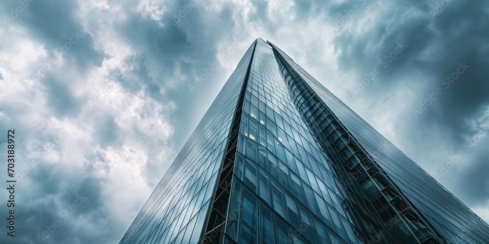Poster a picture of a very tall building with numerous windows. this image can be used to depict modern arc