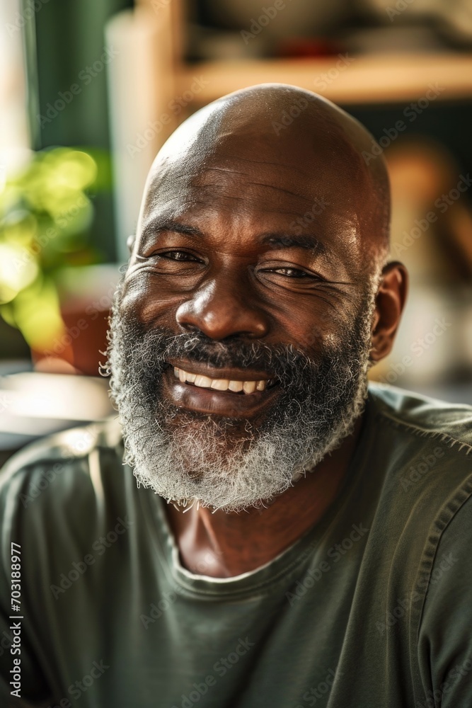 Poster a man with a beard smiles at the camera. this picture can be used for various purposes