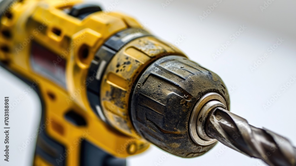Poster A detailed close-up of a drill with a cord. Versatile tool for various construction and DIY projects