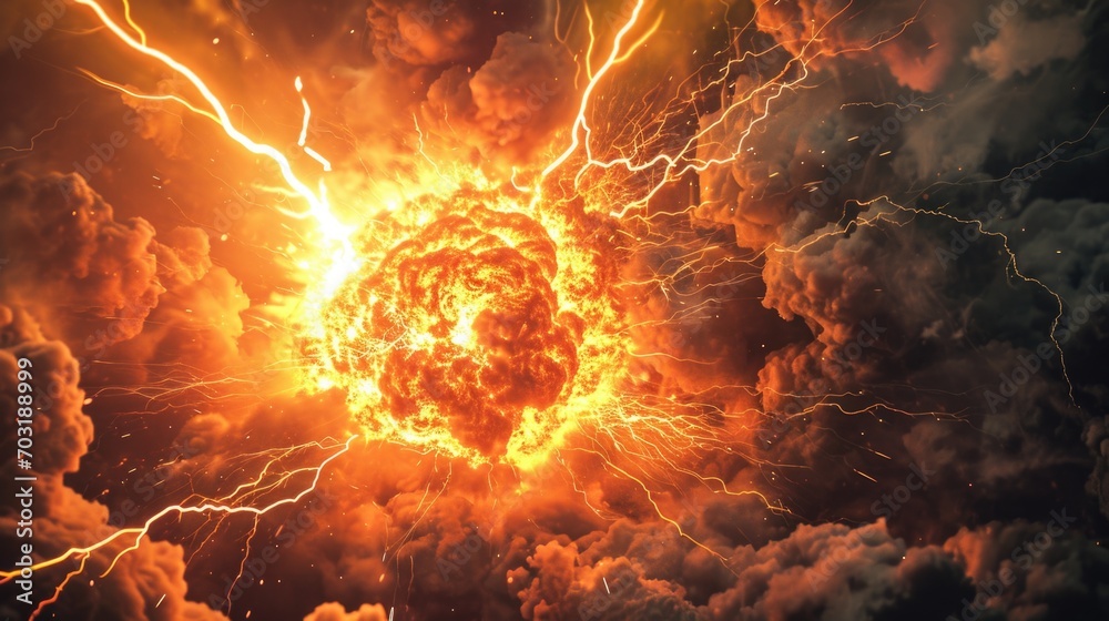 Poster A vibrant and powerful explosion of orange and yellow lightning. Perfect for adding a dynamic and electrifying touch to any project
