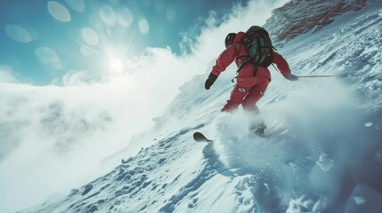 A man is pictured skiing down a snow covered slope. This image can be used to depict winter sports...