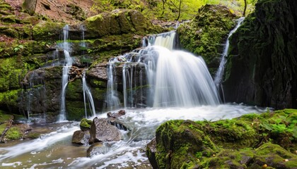 Fototapeta premium A beautiful waterfall cascading over mossy rocks in a forest