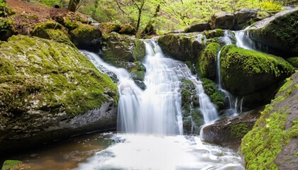 A beautiful waterfall cascading over mossy rocks in a forest