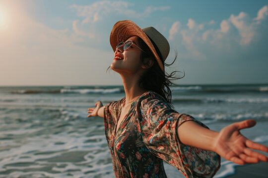 A woman standing on a beach next to the ocean. This image can be used to represent relaxation, vacation, or the beauty of nature