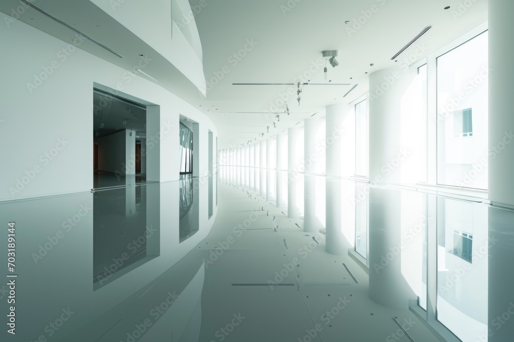 Poster a long hallway filled with natural light streaming in through numerous windows. perfect for interior
