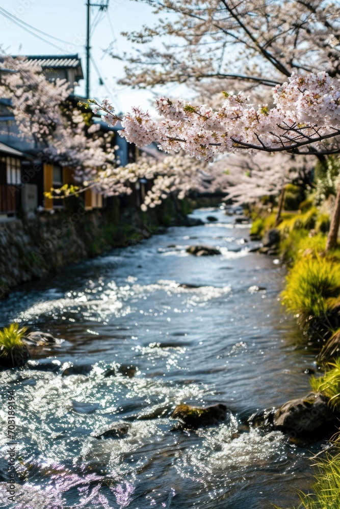Poster a picturesque scene of a river running through a vibrant green forest. perfect for nature-themed des