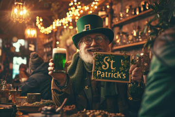 Saint Patrick's day holiday concept image with an irish man with a green beer glass and sign with written St Patrick's inside a bar