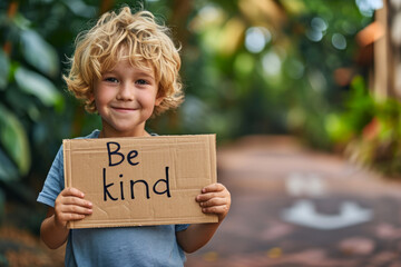 Be kind concept image with a young child kid holding a sign with written english words Be Kind and warm colors - obrazy, fototapety, plakaty