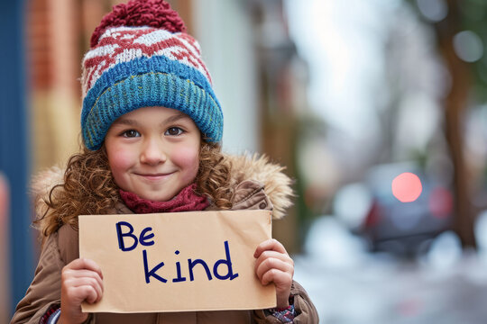 Be kind concept image with a young child kid holding a sign with written english words Be Kind and warm colors