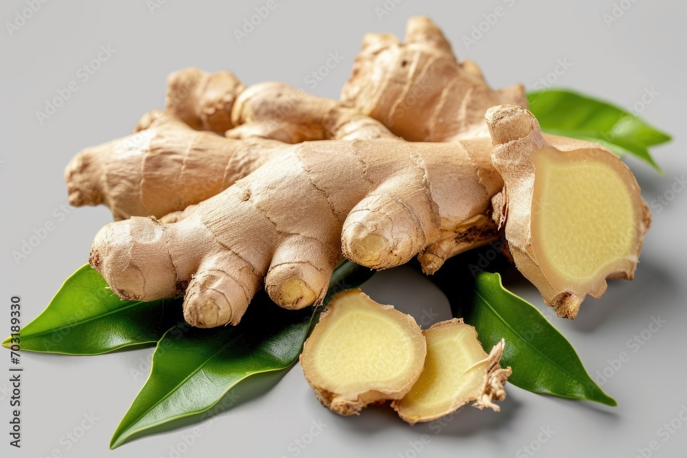 Poster a close up view of sliced ginger on a table. can be used to depict ingredients in cooking or as a na