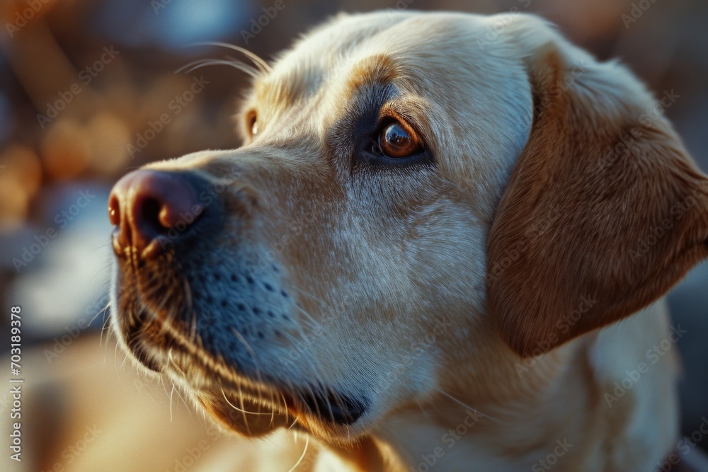 Poster a close-up shot of a dog's face with a blurry background. suitable for various uses