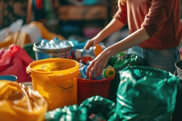 Obraz premium A woman standing next to a table filled with buckets of food. Ideal for food storage, emergency preparedness, or catering events