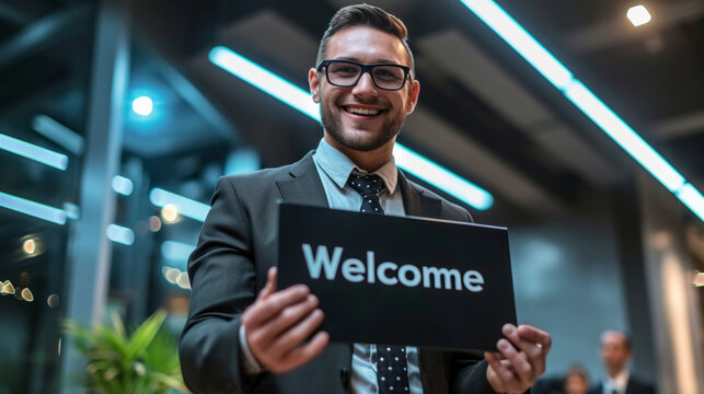 Welcome to company concept image with male manager holding a welcome sign board to make feel welcome the newcomers to the company in the open space office