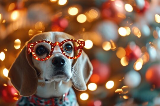A small dog is wearing a pair of red glasses. This image can be used to depict a stylish pet or as a humorous illustration of a dog with a unique accessory