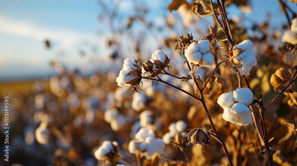 Poster A close-up view of a field of cotton. This image can be used to depict agricultural practices or as a background for textile-related designs
