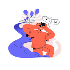 Alcohol addiction lineart, alcoholism problems concept. Drinker man with hangover on crossroad, fork in road makes choice. Drunk guy chooses lifestyle. Flat isolated vector illustration on white