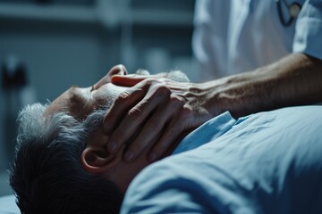 A man laying in a hospital bed with his hands covering his face. Suitable for medical and healthcare themes