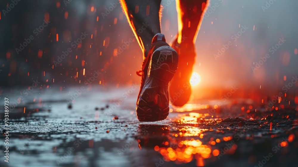 Aufkleber A person walking in the rain at sunset. Perfect for illustrating solitude and reflection. Can be used for various themes and concepts